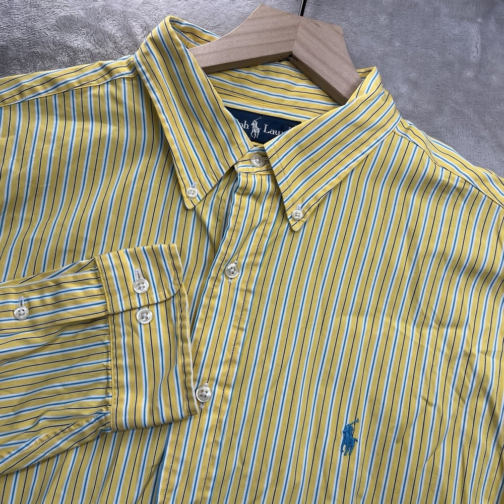 Ralph Lauren Shirt Men's Button Down 17.5 34-35 Yellow Blue Striped Classic Fit